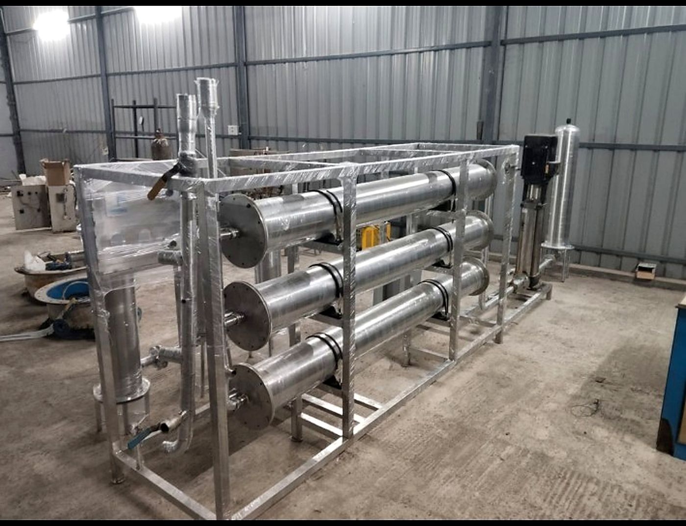 SS 304 RO skid with three membrane housings, ready for dispatch – PureFlux Engineering, Chennai